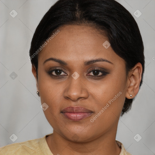 Joyful asian young-adult female with short  brown hair and brown eyes