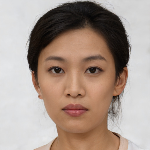 Neutral asian young-adult female with short  brown hair and brown eyes