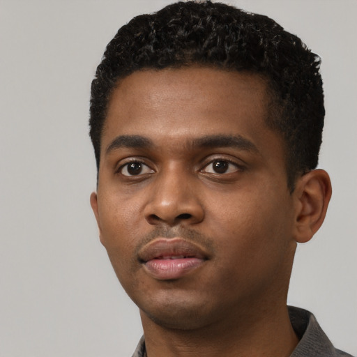 Neutral black young-adult male with short  black hair and brown eyes