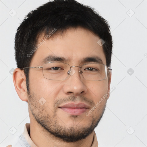 Neutral asian young-adult male with short  brown hair and brown eyes