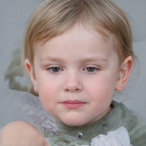 Joyful white child female with medium  brown hair and blue eyes