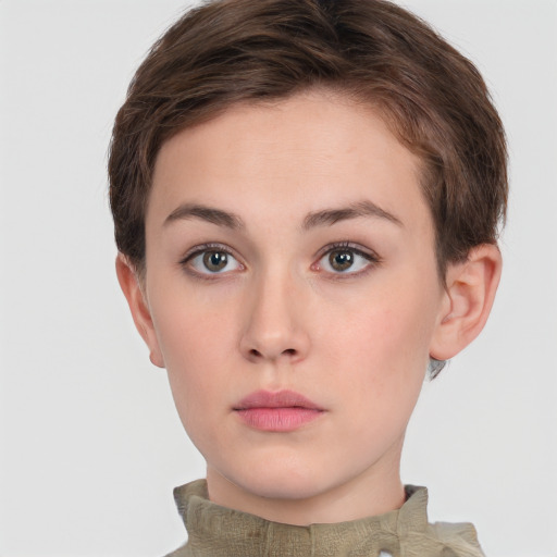 Neutral white young-adult female with short  brown hair and brown eyes