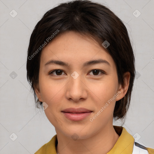 Joyful white young-adult female with medium  brown hair and brown eyes