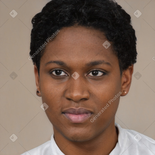 Neutral black young-adult female with short  black hair and brown eyes