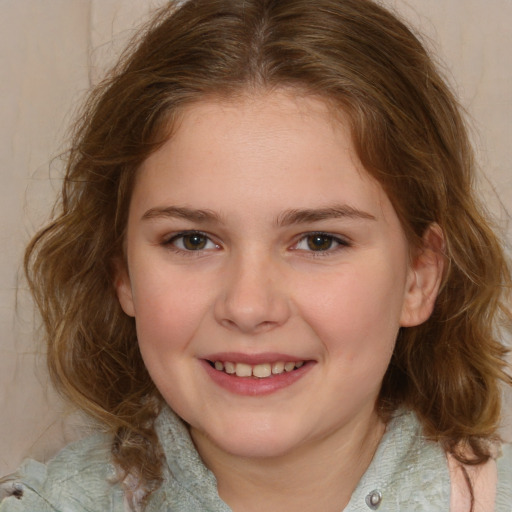 Joyful white child female with medium  brown hair and grey eyes