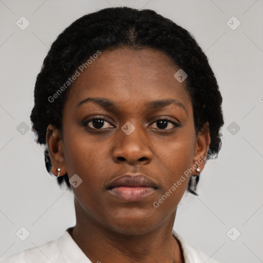 Neutral black young-adult female with short  black hair and brown eyes