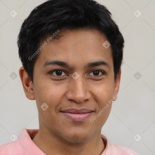 Joyful latino young-adult male with short  brown hair and brown eyes