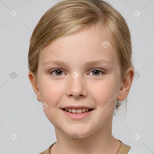 Joyful white child female with short  brown hair and brown eyes