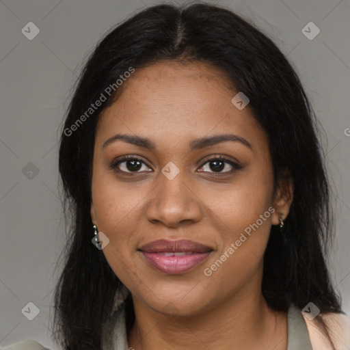 Joyful black young-adult female with medium  brown hair and brown eyes