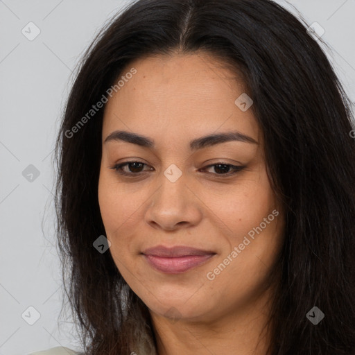 Joyful asian young-adult female with long  brown hair and brown eyes