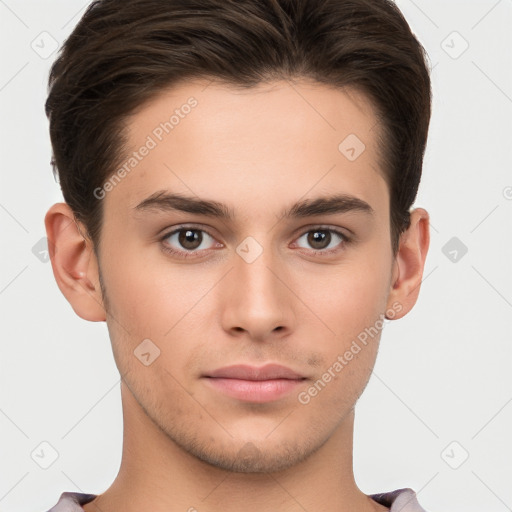 Neutral white young-adult male with short  brown hair and brown eyes