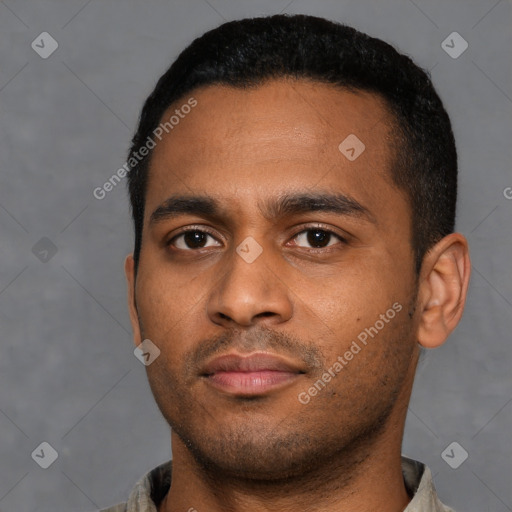Neutral latino young-adult male with short  black hair and brown eyes