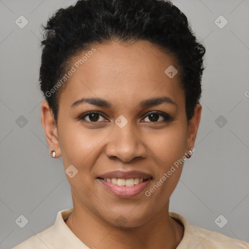 Joyful latino young-adult female with short  brown hair and brown eyes