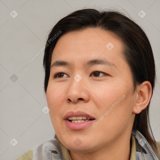 Joyful white young-adult male with medium  brown hair and brown eyes