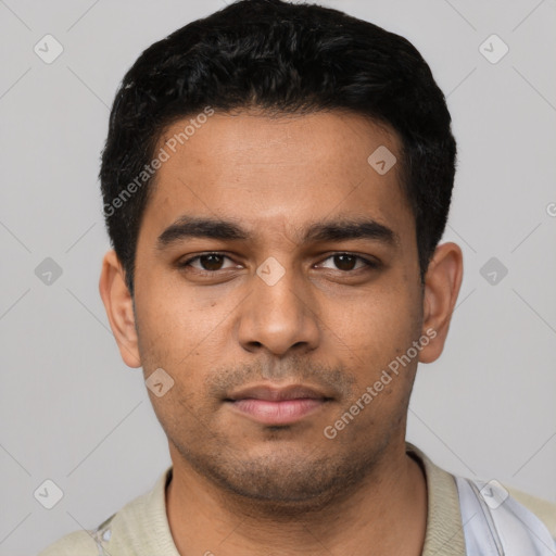 Neutral latino young-adult male with short  black hair and brown eyes
