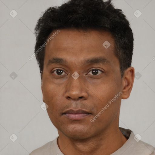 Neutral black adult male with short  black hair and brown eyes