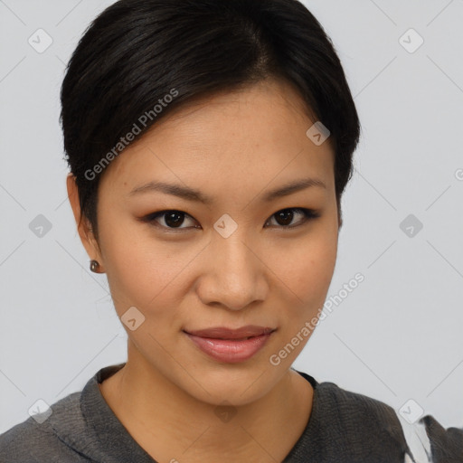 Joyful latino young-adult female with short  brown hair and brown eyes