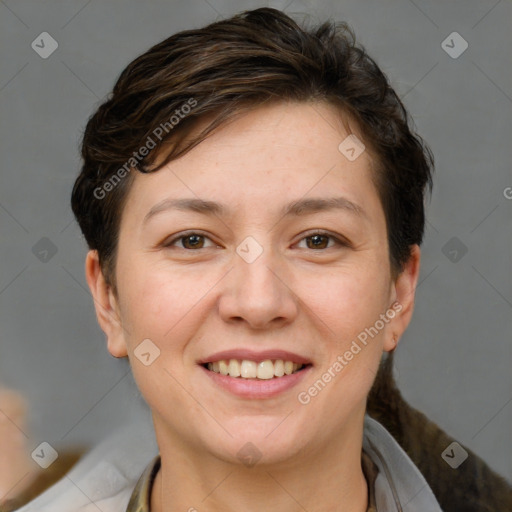 Joyful white young-adult female with short  brown hair and brown eyes