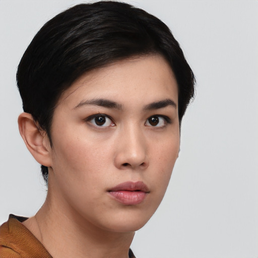 Neutral asian young-adult female with short  black hair and brown eyes