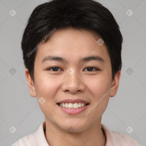 Joyful asian young-adult female with short  brown hair and brown eyes