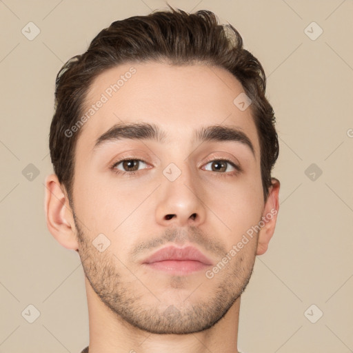 Neutral white young-adult male with short  brown hair and brown eyes