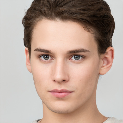 Neutral white young-adult male with short  brown hair and brown eyes