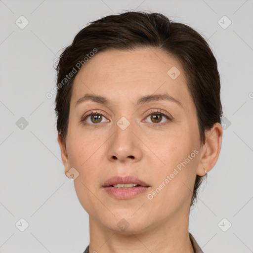 Neutral white young-adult female with short  brown hair and brown eyes