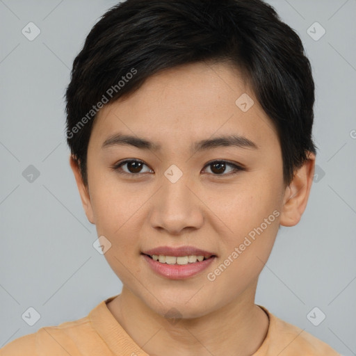 Joyful asian young-adult female with short  brown hair and brown eyes