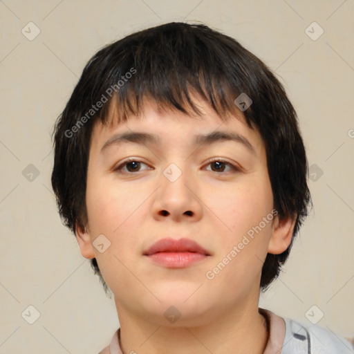 Neutral white young-adult female with short  brown hair and brown eyes