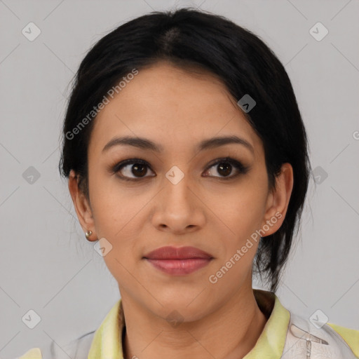 Joyful latino young-adult female with medium  black hair and brown eyes