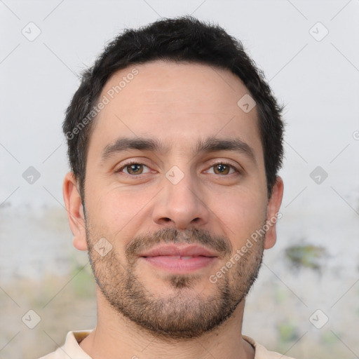 Neutral white young-adult male with short  brown hair and brown eyes