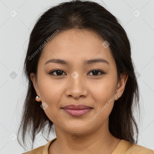 Joyful asian young-adult female with long  brown hair and brown eyes