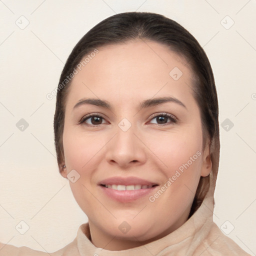 Joyful white young-adult female with long  brown hair and brown eyes