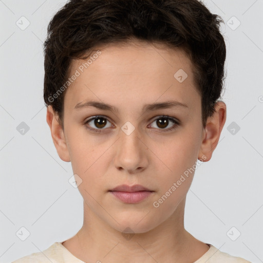 Neutral white young-adult female with short  brown hair and brown eyes