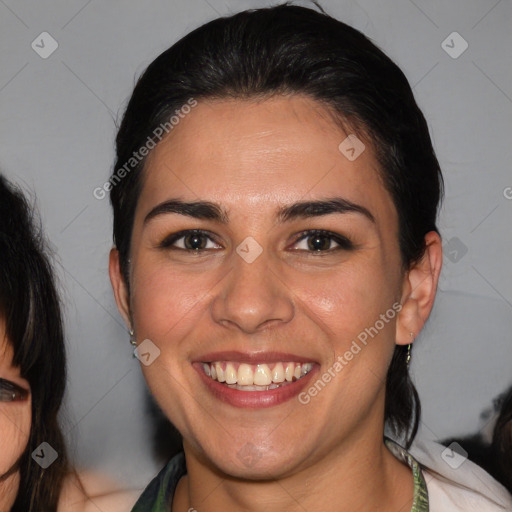 Joyful white young-adult female with medium  brown hair and brown eyes