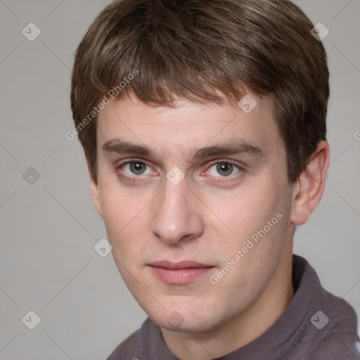 Neutral white young-adult male with short  brown hair and grey eyes