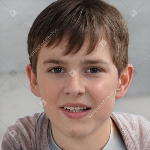 Joyful white child male with short  brown hair and brown eyes