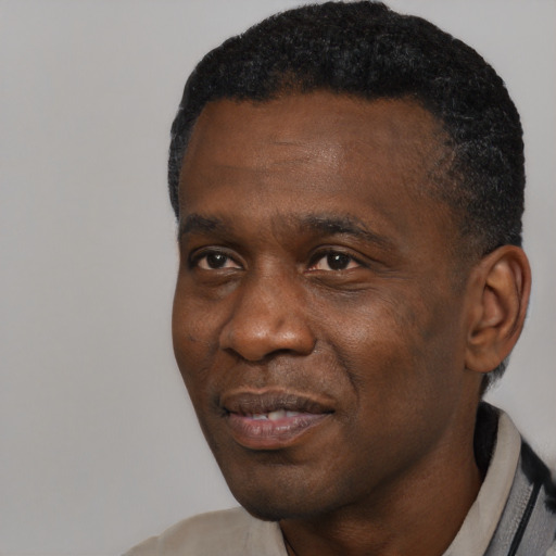 Joyful black adult male with short  black hair and brown eyes