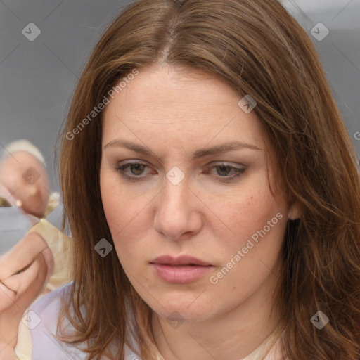 Neutral white young-adult female with long  brown hair and brown eyes