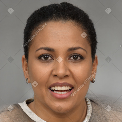 Joyful black young-adult female with short  brown hair and brown eyes