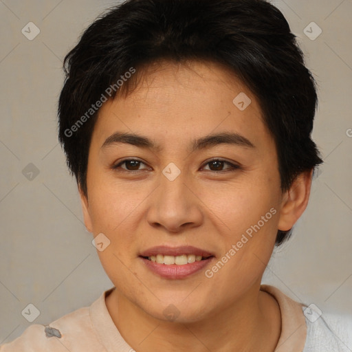 Joyful asian young-adult female with short  brown hair and brown eyes