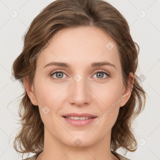 Joyful white young-adult female with medium  brown hair and green eyes