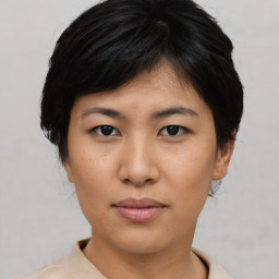 Neutral asian young-adult female with short  black hair and brown eyes