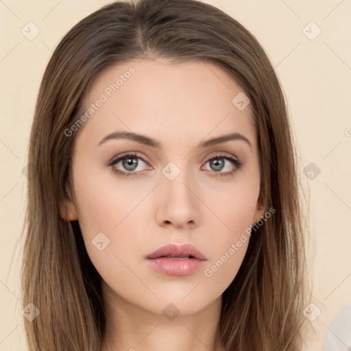 Neutral white young-adult female with long  brown hair and brown eyes