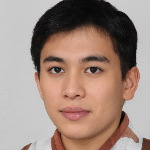 Neutral asian young-adult male with short  brown hair and brown eyes