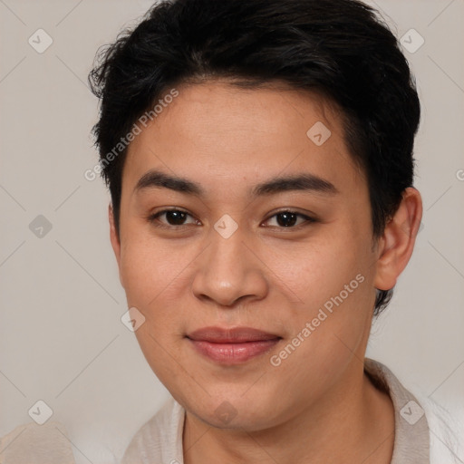 Joyful asian young-adult female with short  brown hair and brown eyes