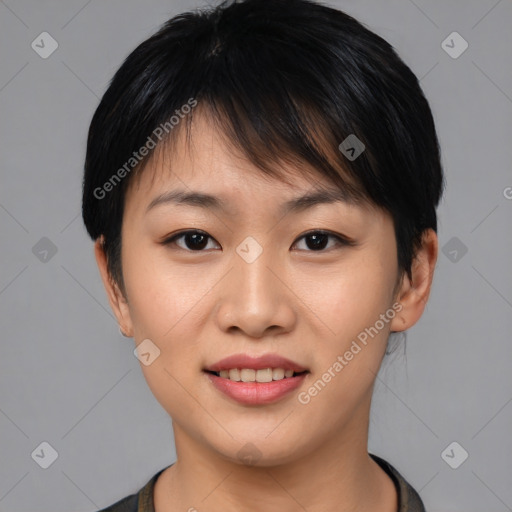 Joyful asian young-adult female with short  brown hair and brown eyes