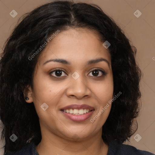 Joyful latino young-adult female with long  brown hair and brown eyes