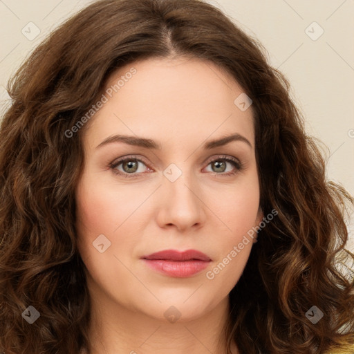 Joyful white young-adult female with long  brown hair and green eyes