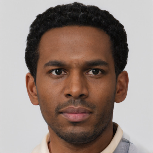 Neutral black young-adult male with short  black hair and brown eyes